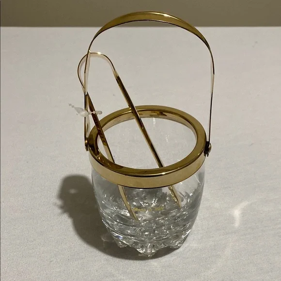 Small Crystal Ice Bucket with Gold Color Metal Trim and Ice Tong Made in Italy - Picture 2 of 10